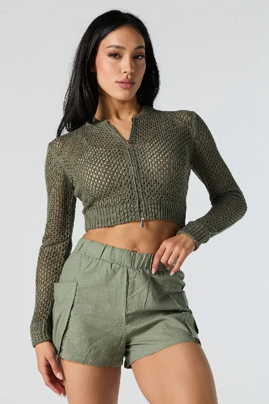 Open Knit Zip-Up Cropped Sweater