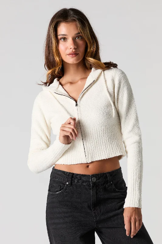 Mossy Knit Cropped Zip-Up Hoodie