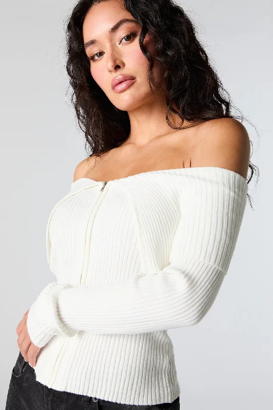 Ribbed Knit Zip-Up Off Shoulder Sweater