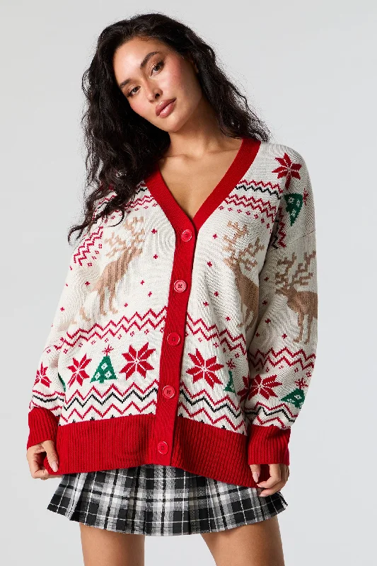 Reindeer Fairisle Jacquard Knit Christmas Cardigan