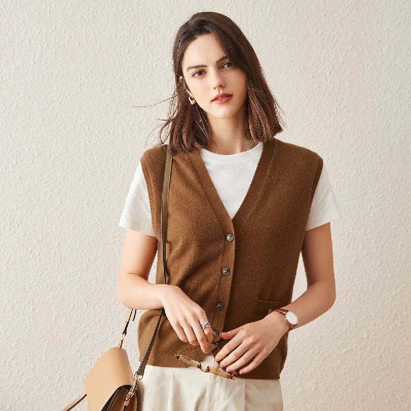 100% Cashmere Button Down Faux Pockets Vest