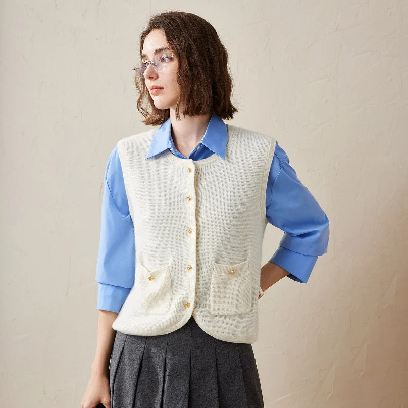 100% Cashmere Knit Vest with Button-Up Front and Pockets