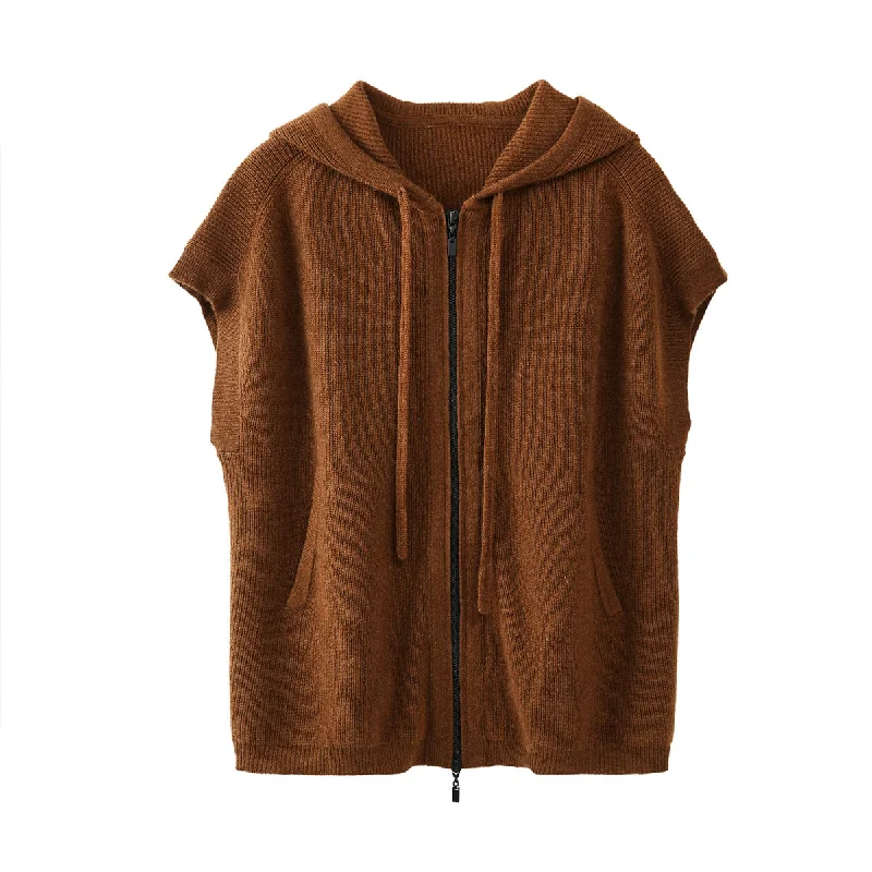 100% Cashmere Womens Hooded Double-Head Zipper Vest