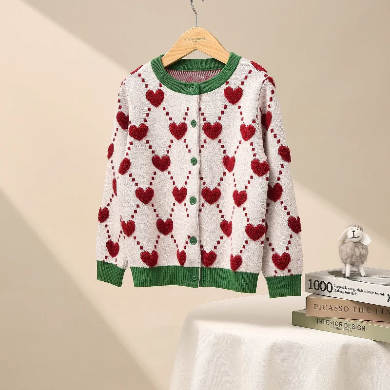 100% Wool Kid's Heart Pattern Knit Cardigan