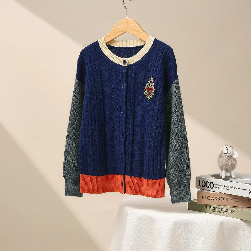 100% Wool Kid's Royal Embroidered Cable Knit Cardigan