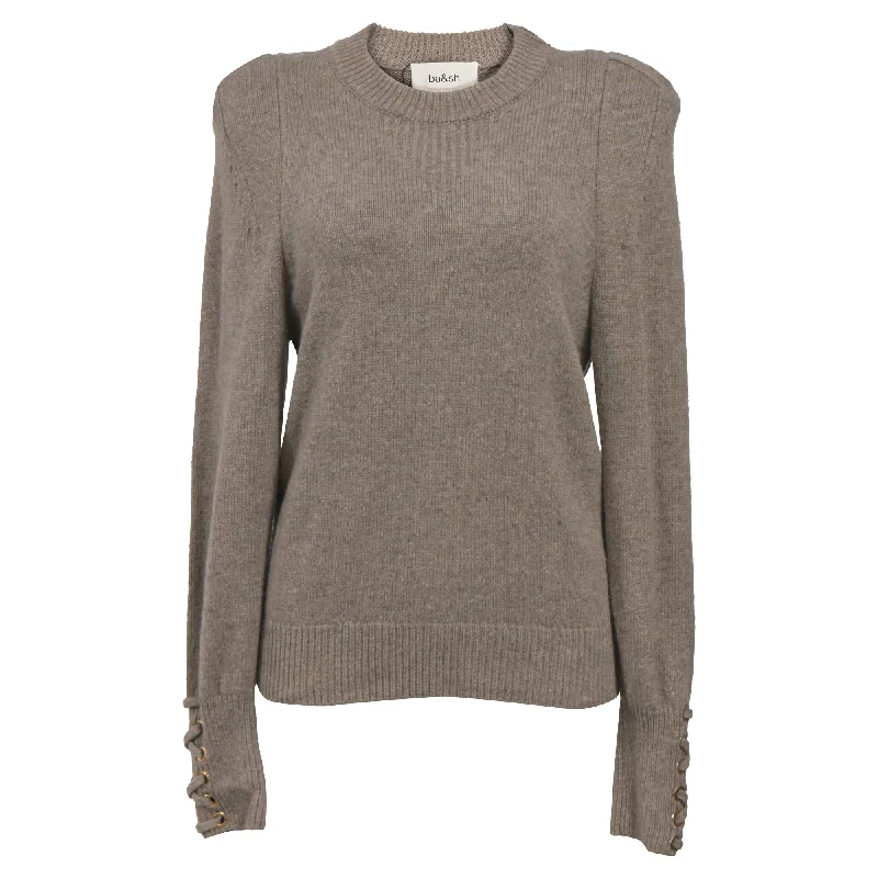 Ba&Sh Keane Crew Neck Knitted With Decorative Cuffs  Sweater in Brown Wool