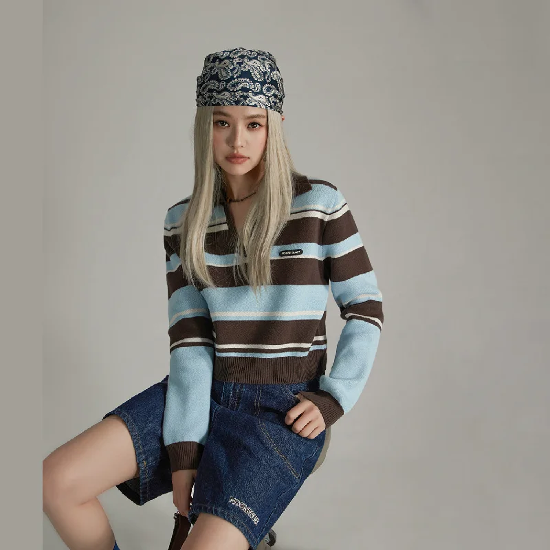 Open Collar Stripe Color Knit Sweater