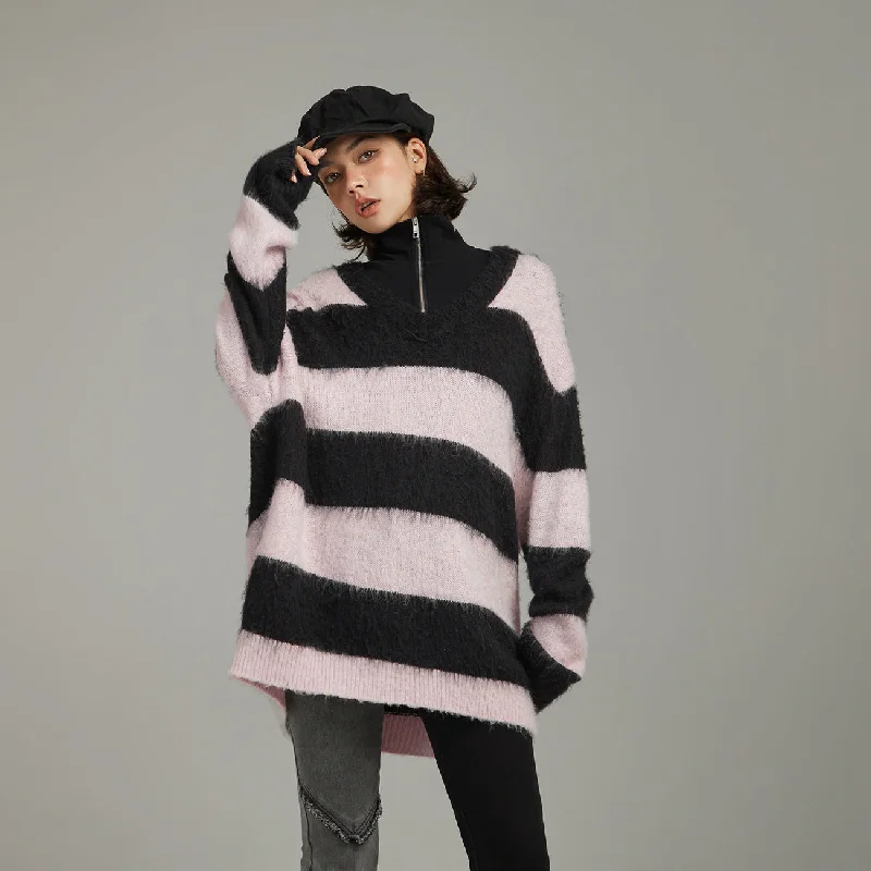 V-Neck Color Stripe Knit Sweater