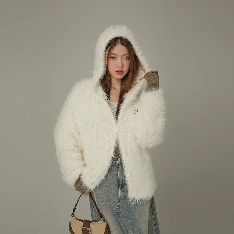 Embroidered Fuzzy Hooded Cardigan