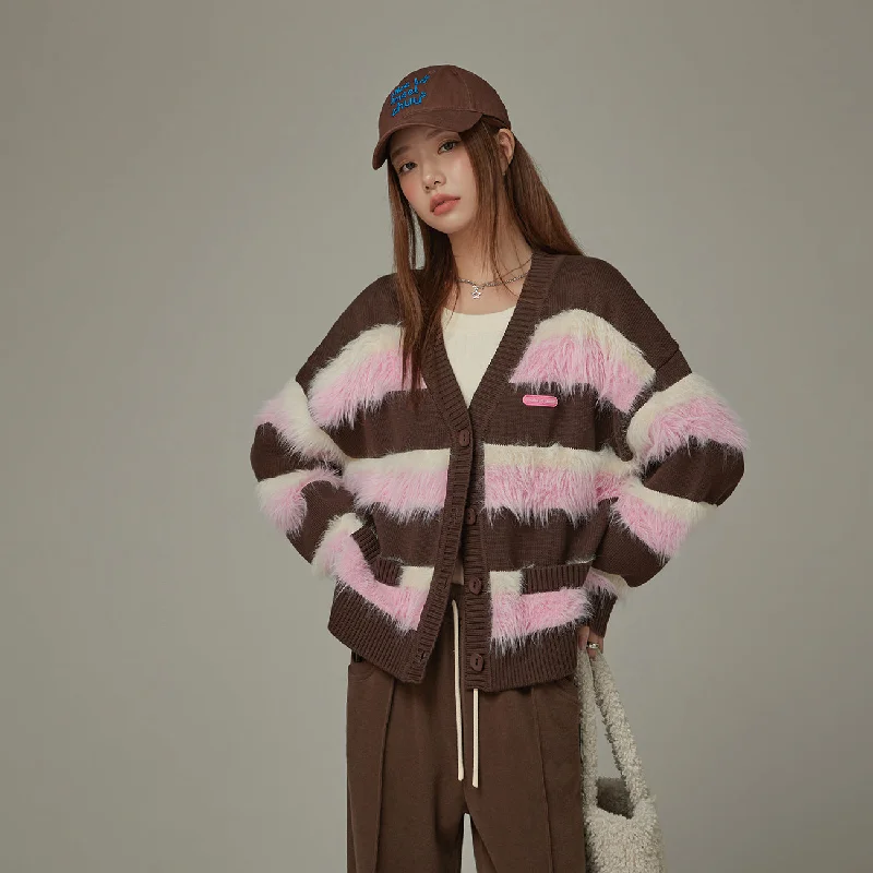 V-Neck Color Combination Stripe Knit Cardigan