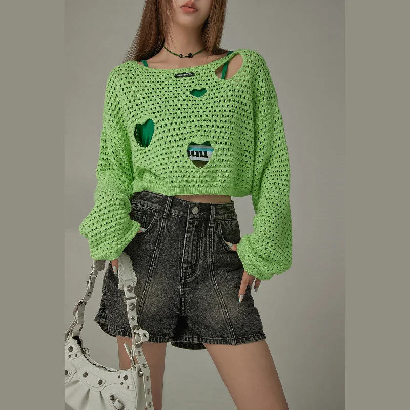 Heart Cutout Long Sleeve Crop Knit Sweater