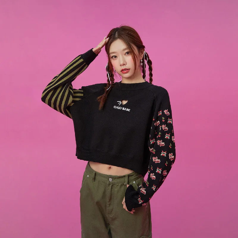 Heart Cutout Two Patterns Knit Sweater