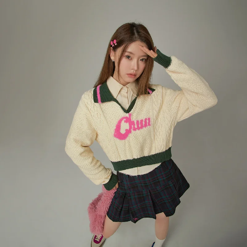 Logo Open Collar Crop Knit Sweater