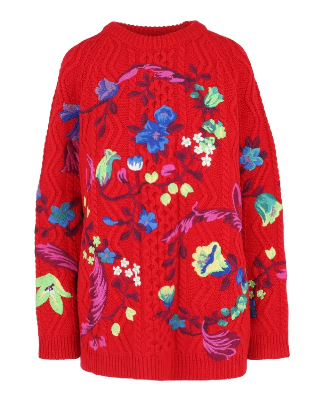 Floral Embroidered Cable Knit Sweater