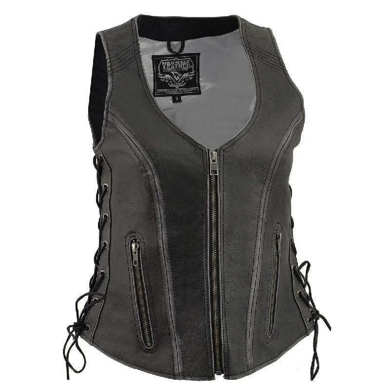 Milwaukee Leather Women's V-Neck Distress Grey Premium Leather Motorcycle Rider Vest w/ Side Laces MLL4531