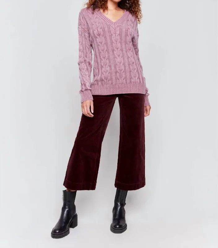 V-Neck Cable Knit Sweater In Cabernet