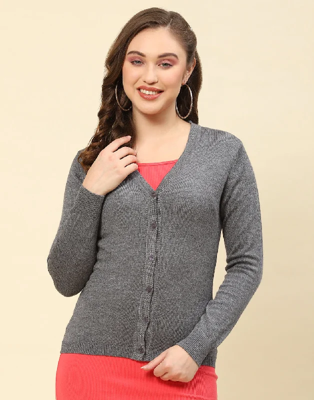 Women Grey Solid V Neck Full Sleeve Cardigan