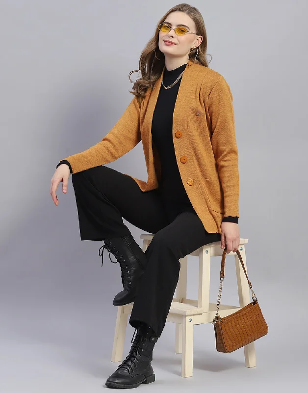 Women Mustard Solid V Neck Full Sleeve Cardigan