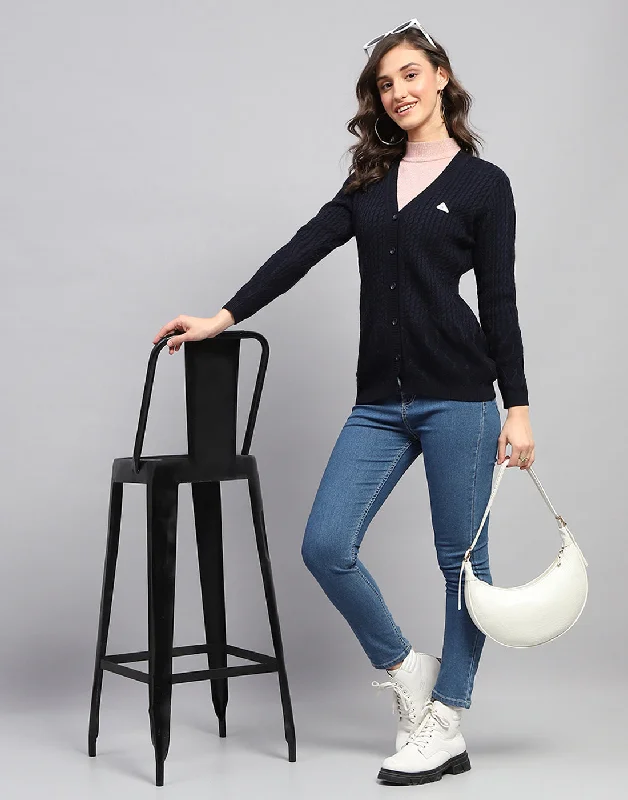 Women Navy Blue Self Design V Neck Full Sleeve Cardigan