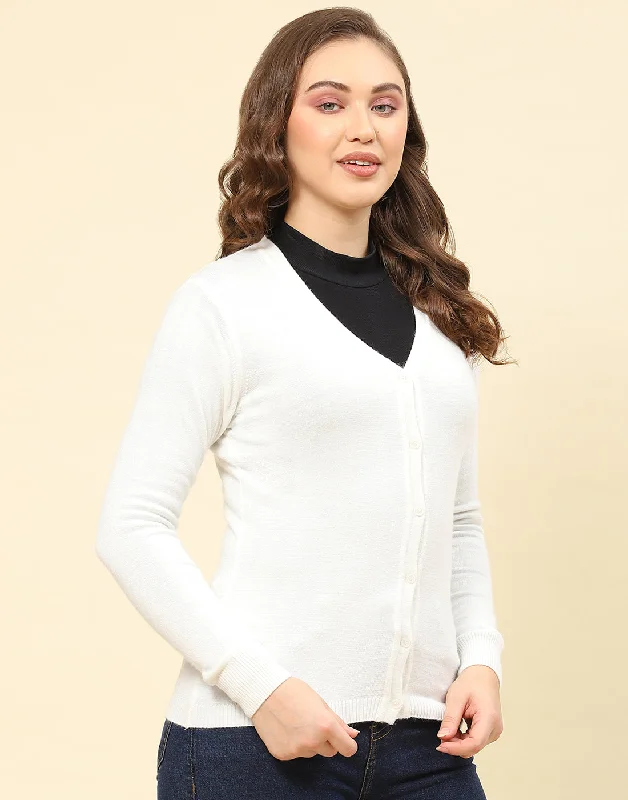 Women Off White Solid V Neck Full Sleeve Cardigan