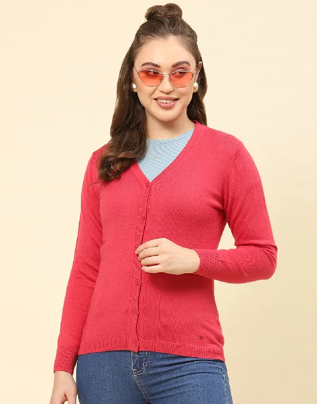 Women Pink Solid V Neck Full Sleeve Cardigan