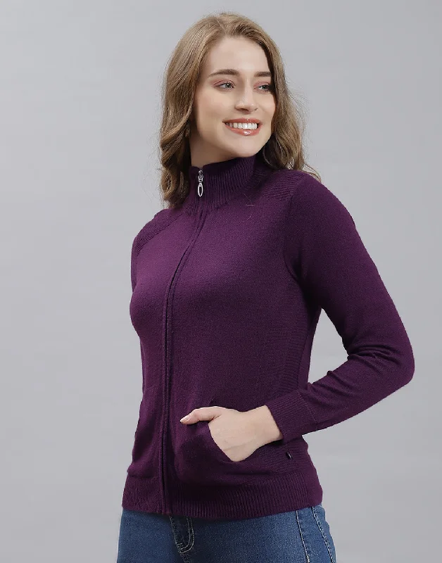 Women Purple Solid Stand Collar Full Sleeve Cardigan