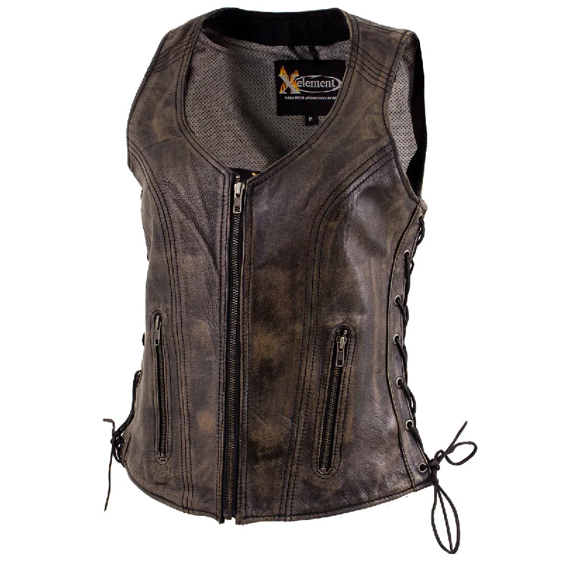 Xelement XS3900 Women's 'Bella' Distressed Brown Leather Motorcycle Biker Rider Vest with Side Laces