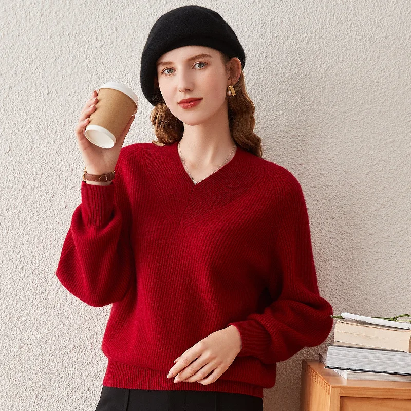 100% Cashmere Lantern Sleeve V Neck Knit Sweater