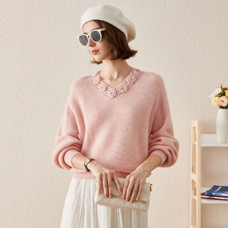 100% cashmere V Neck Crochet Knit Sweater