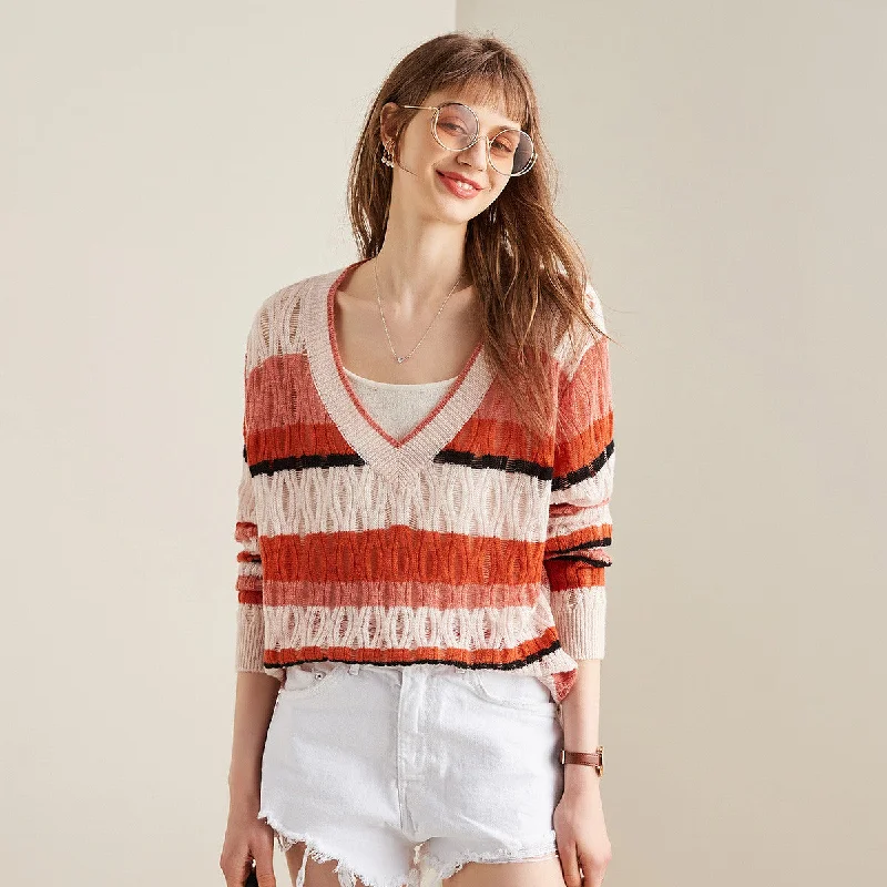 100% Cashmere Vibrant Striped V-Neck Knit Sweater