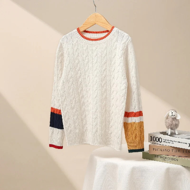 100% Wool Kid's Cable Knit Sweater with Color Block Detail