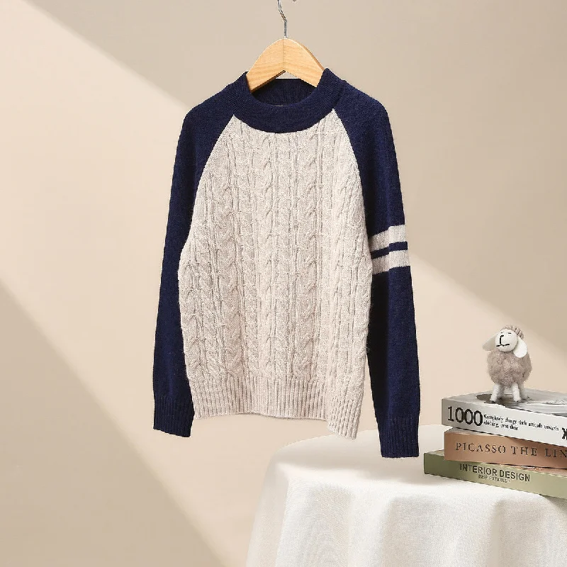 100% Wool Kid's Cable Knit Sweater with Contrast Sleeves