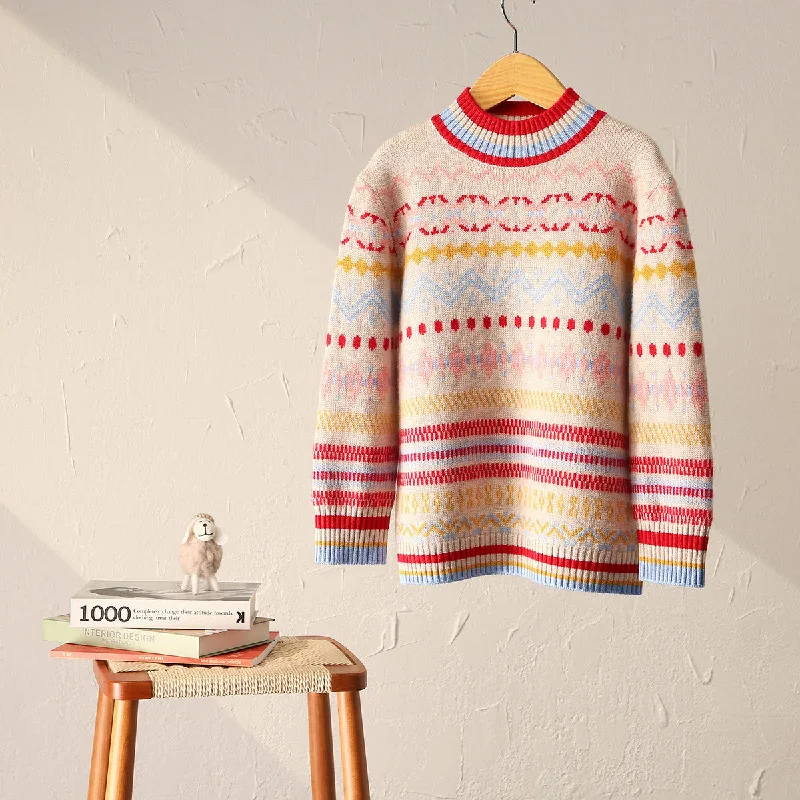 100% Wool Kid's Colorful Nordic Pattern Knit Sweater