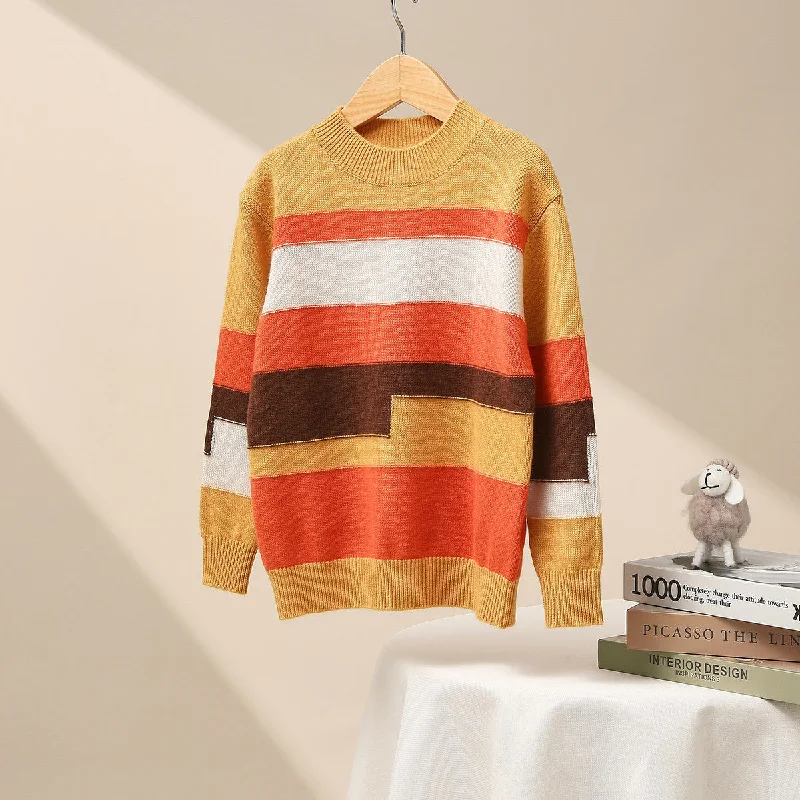 100% Wool Kid's Geometric Color Block Striped Knit Sweater