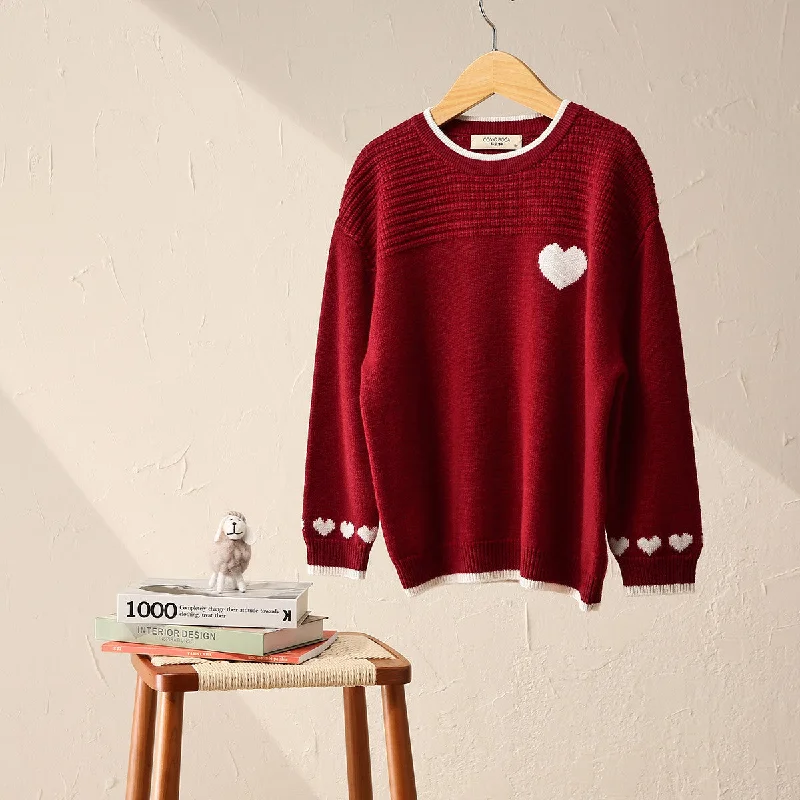 100% Wool Kid's Heart Patterned Knit Sweater