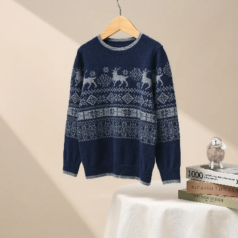 100% Wool Kid's Nordic Reindeer Pattern Knit Sweater