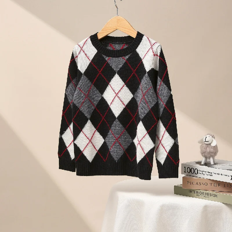 100% Wool Kid's Ribbed Argyle Knit Sweater