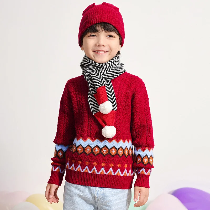 100% Wool Kids Round Neck Striped Cable Knit Sweater