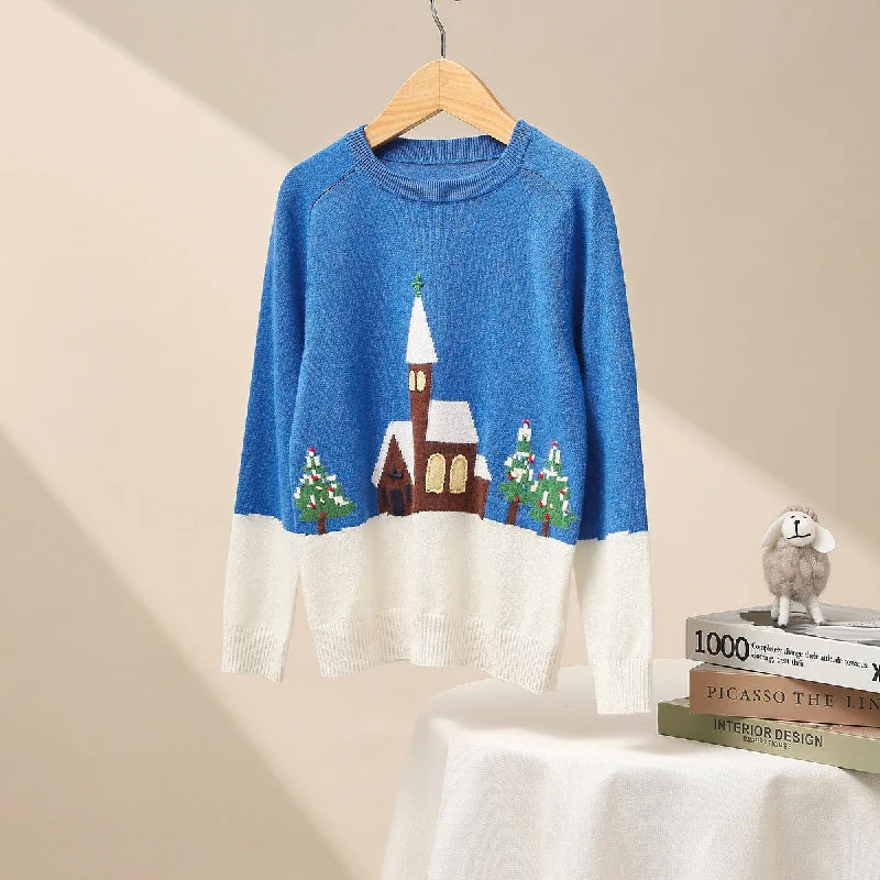 100% Wool Kid's Scenic Holiday Church Knit Sweater