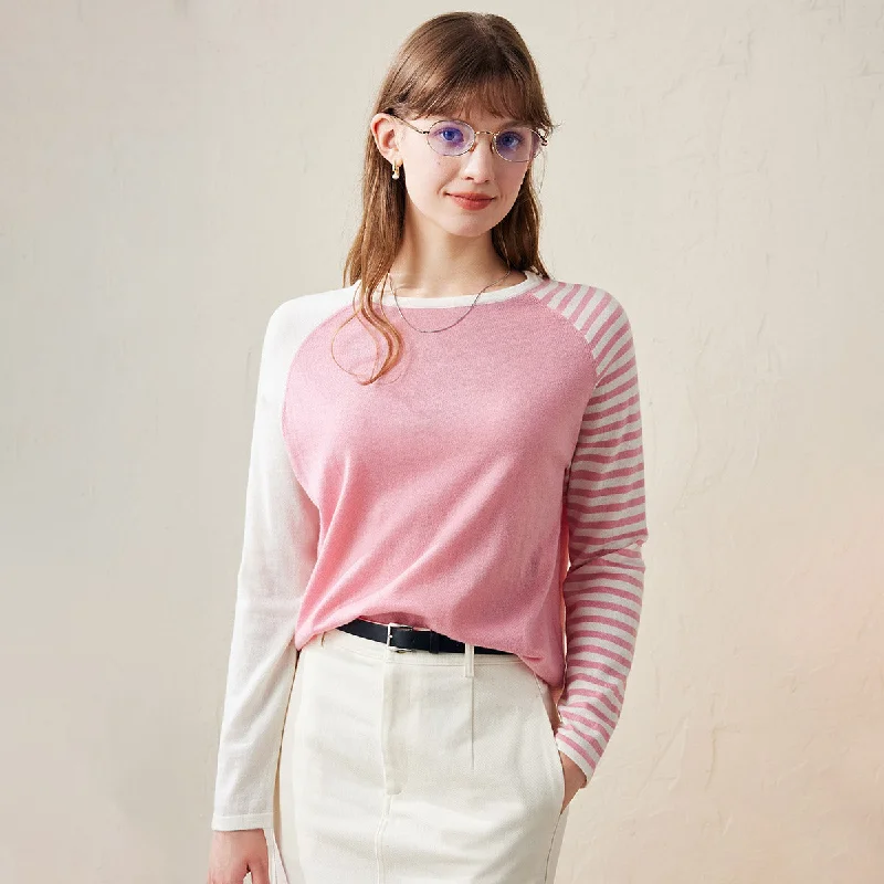 100% Wool Striped Sleeve Contrast Knit Sweater