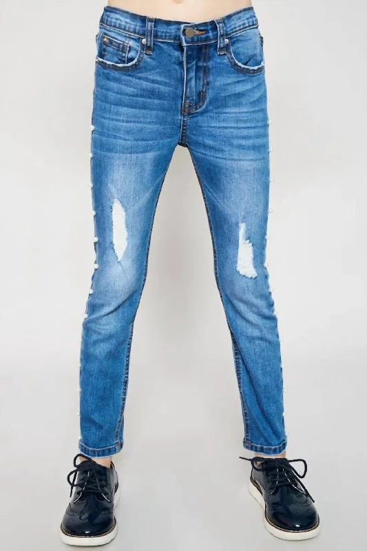 Girls - Distressed Side Pearl Denim Jean In Mid Denim