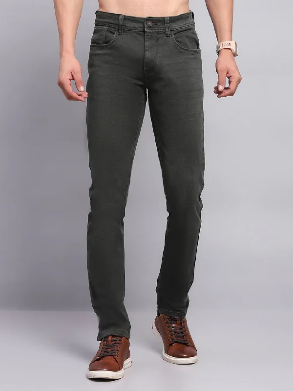 Men Olive Solid Skinny Fit Denim