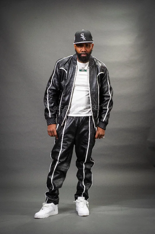 Men's Brayden Leather Track Suit Sweatsuit [Black/White]