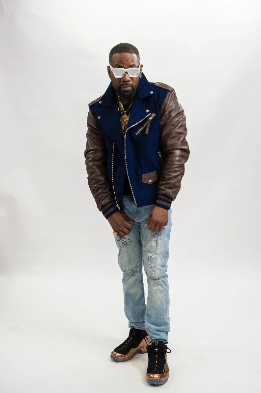 Men's Classic Wool And Leather Biker Jacket [Navy/Chocolate]