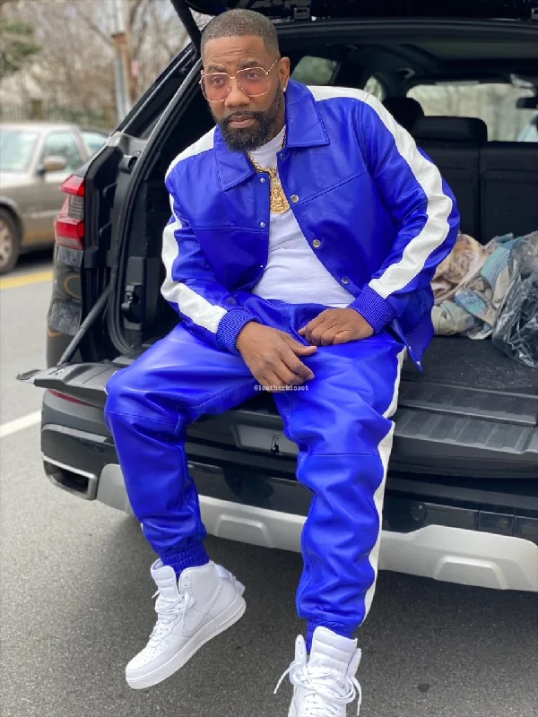 Men's Leather Track Suit Sweatsuit [Royal/White]