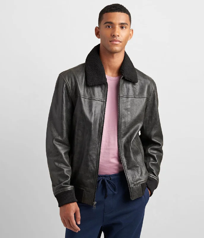 Leather Aviator Bomber With Detachable Faux Fur